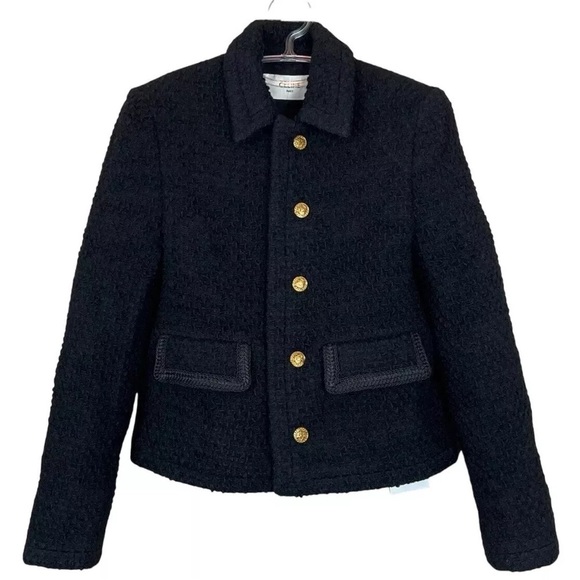 New CELINE Chasseur Black Boucle Tweed Wool Jacket Collared Pocketed Size FR 40 - Picture 1 of 12